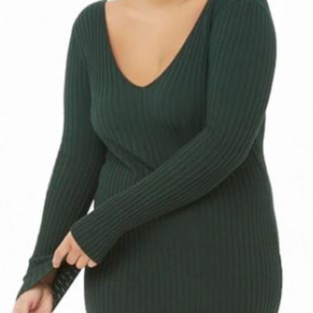 Forever 21 Plus Forest Green Long-Sleeved Sweater Dress Midi Ribbed Bodycon